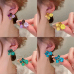 flower crystal korean earrings womens fashion jewelry in multiple colors black blue red yellow green sky blue purple light pink dark pink