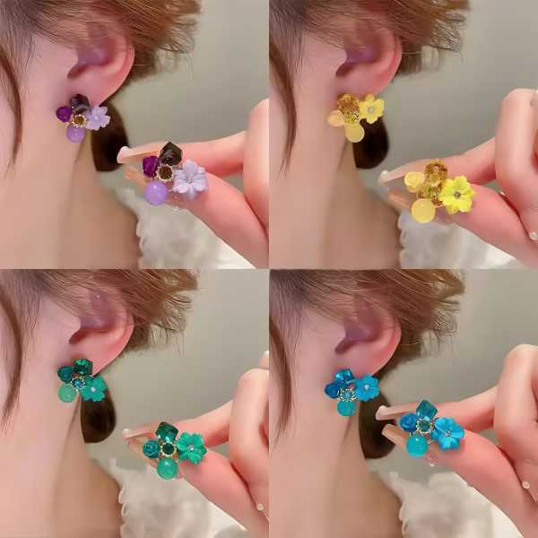 flower crystal korean earrings womens fashion jewelry in multiple colors black blue red yellow green sky blue purple light pink dark pink