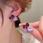 flower crystal korean earrings elegant womens fashion jewelry in multiple colors black blue red yellow green sky blue purple light pink dark pink axt 104 5