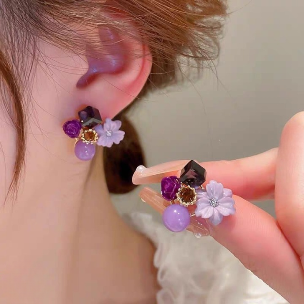 flower crystal korean earrings elegant womens fashion jewelry in multiple colors black blue red yellow green sky blue purple light pink dark pink axt 104 5