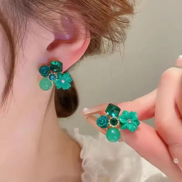 flower crystal korean earrings elegant womens fashion jewelry in multiple colors black blue red yellow green sky blue purple light pink dark pink axt 104 8