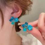 flower crystal korean earrings elegant womens fashion jewelry in multiple colors black blue red yellow green sky blue purple light pink dark pink axt 104 9
